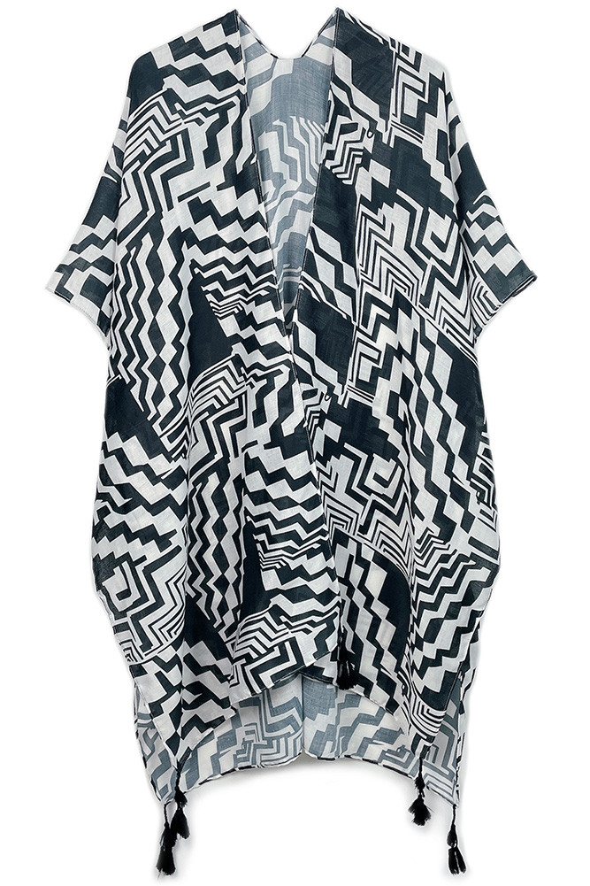 Women's Geometric Print Tassel Kimono in Black
