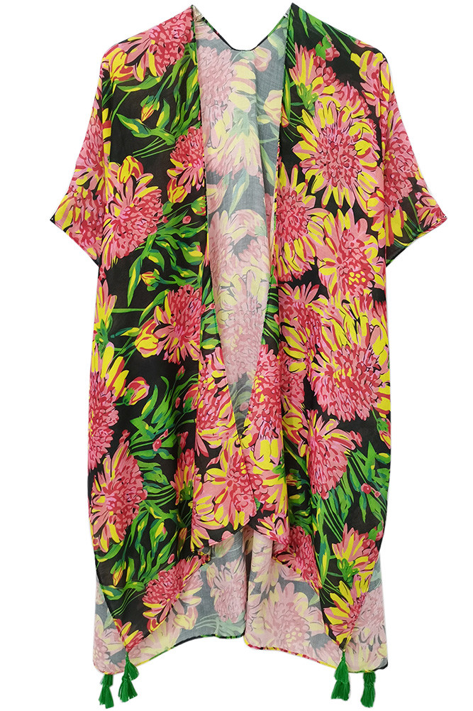 Women's Floral Print Tassel Kimono in Black