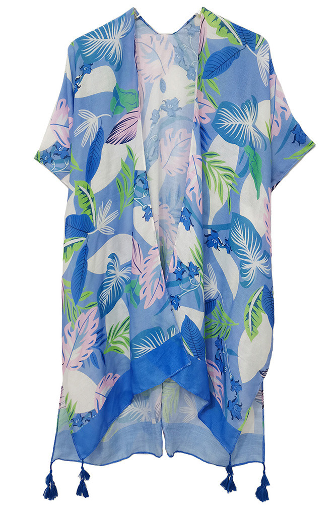 Women's Palm Leaf Print Tassel Kimono in Blue