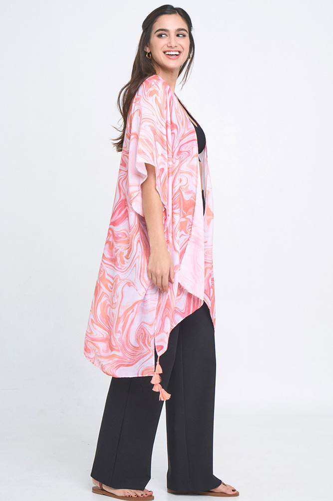 Women's Swirl Print Tassel Kimono in Coral