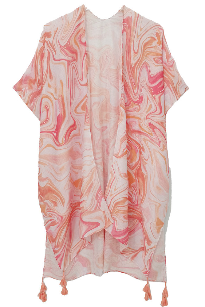 Women's Swirl Print Tassel Kimono in Coral