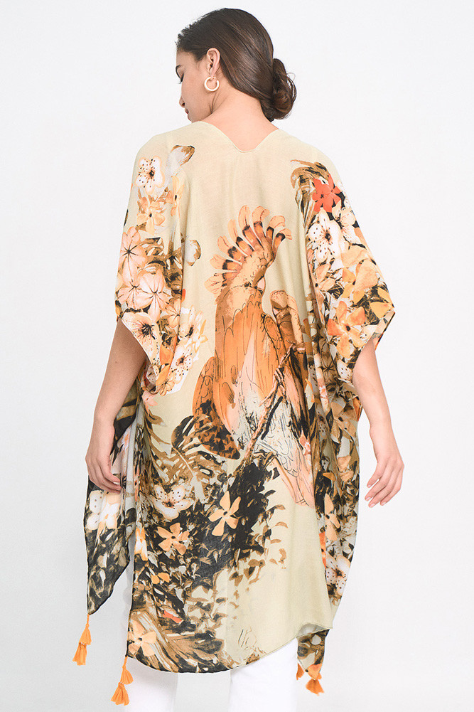 Women's Floral Print Tassel Kimono in Beige