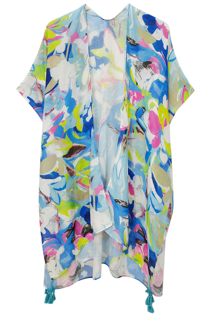 Women's Abstract Print Tassel Kimono in Blue