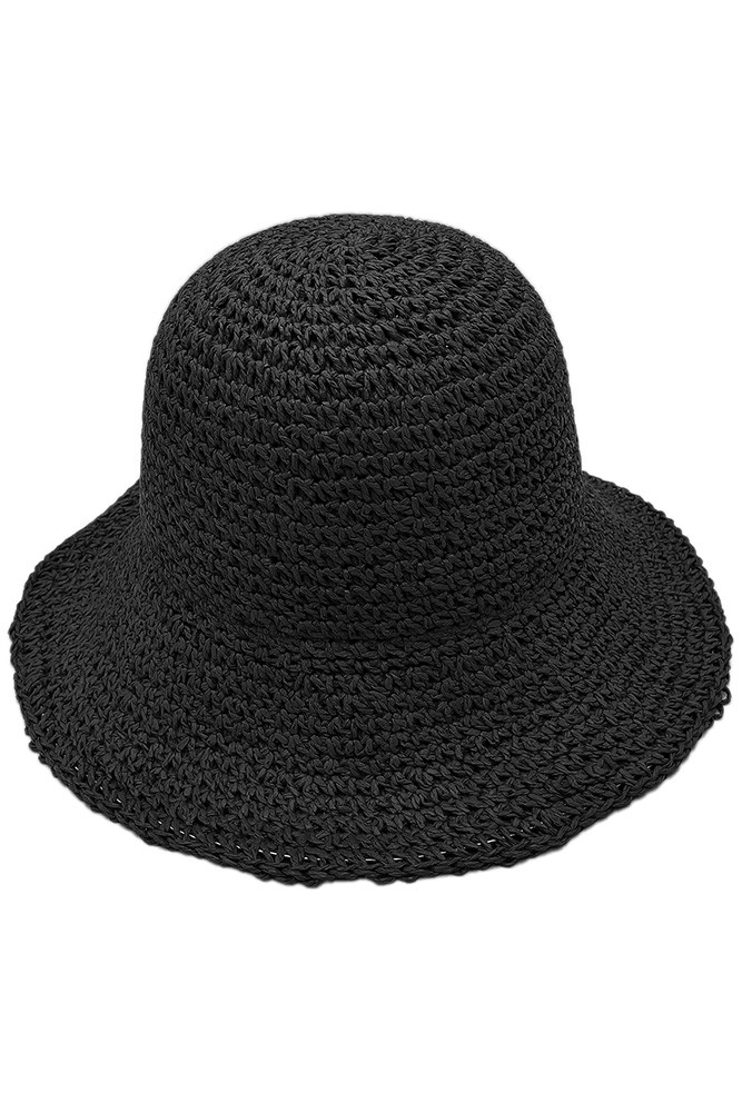 Women's Solid Straw Bucket Hat in Black