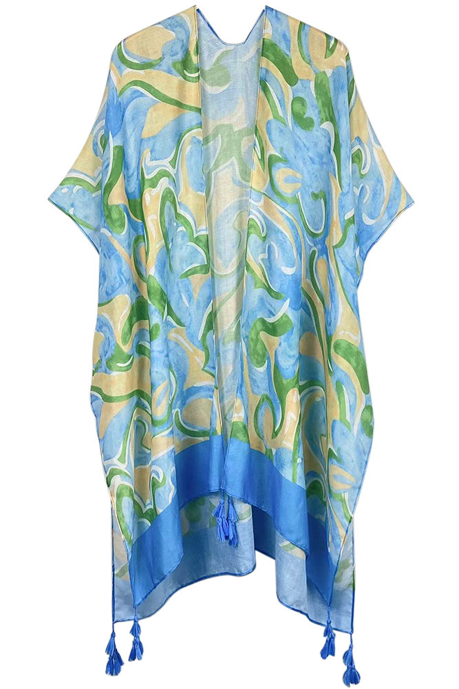 Women's Swirl Border Print Tassel Kimono in Blue