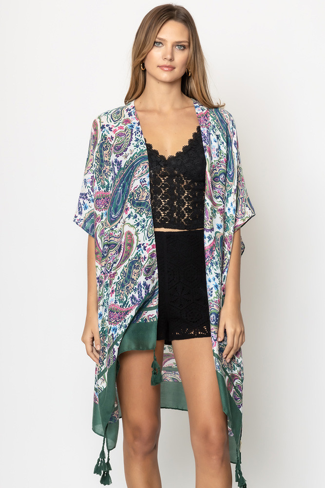 Women's Paisley Border Print Tassel Kimono by BURACQ