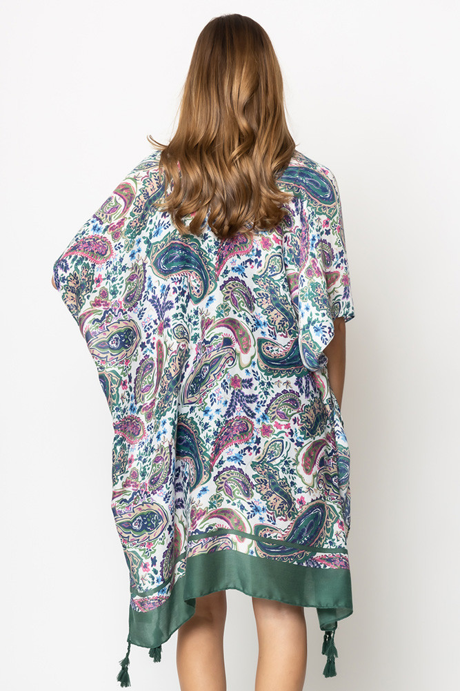 Women's Paisley Border Print Tassel Kimono in Green