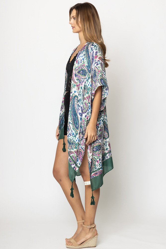 Women's Paisley Border Print Tassel Kimono in Green