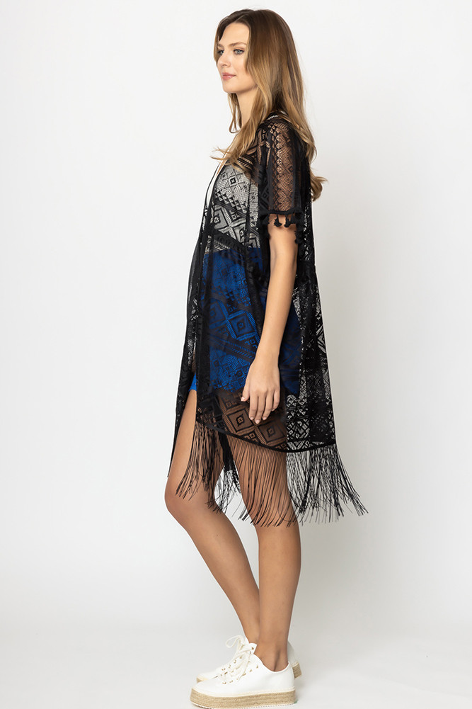 Women's Geometric Pattern Lace Kimono in Black