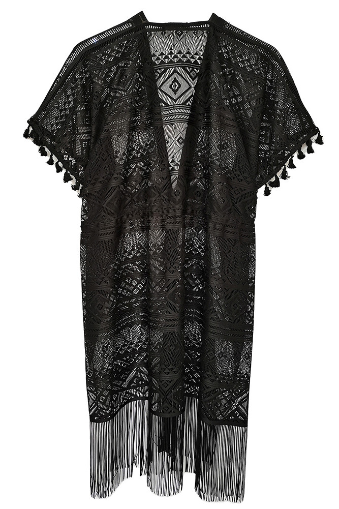 Women's Geometric Pattern Lace Kimono in Black