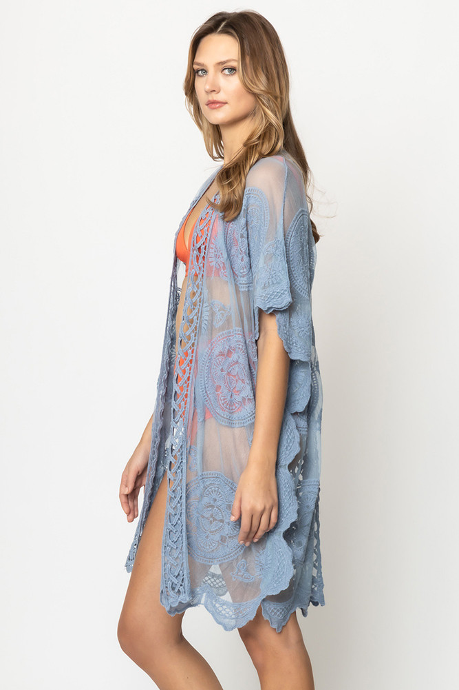 Women's Floral Lace Kimono Cover-Up – Style YLK310090 in Blue