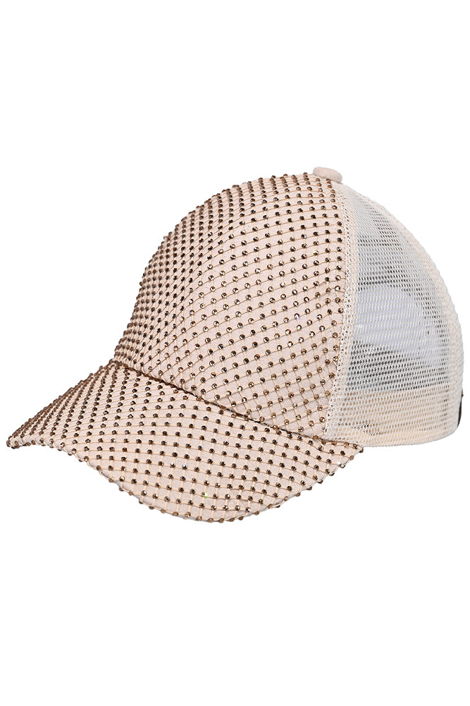 Women's Rhinestone Net Baseball Cap in Beige