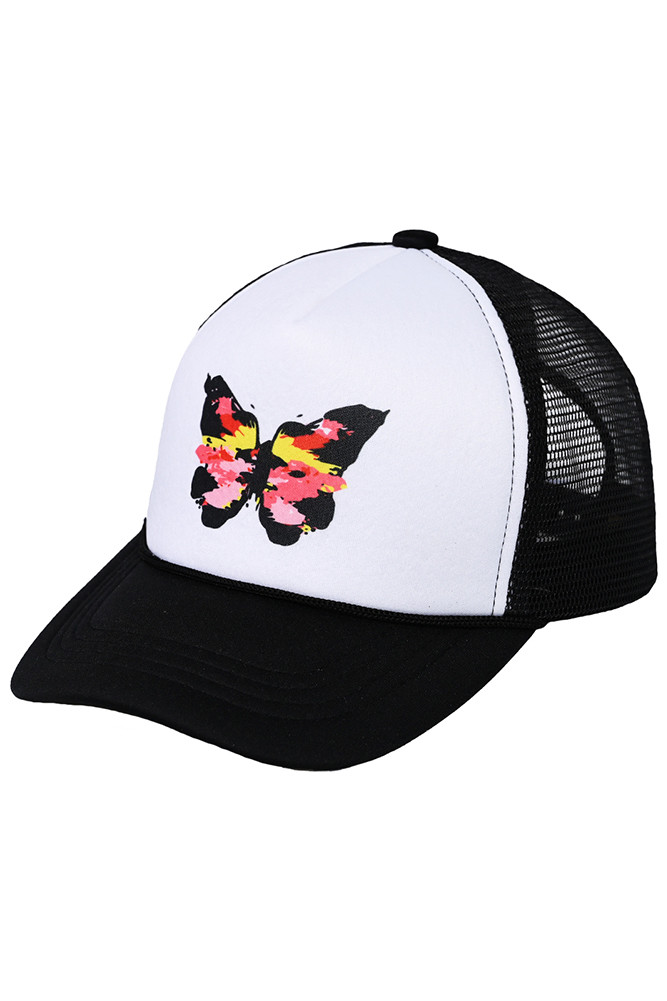 Women's Hand Painted Abstract Butterfly Trucker Cap in Black