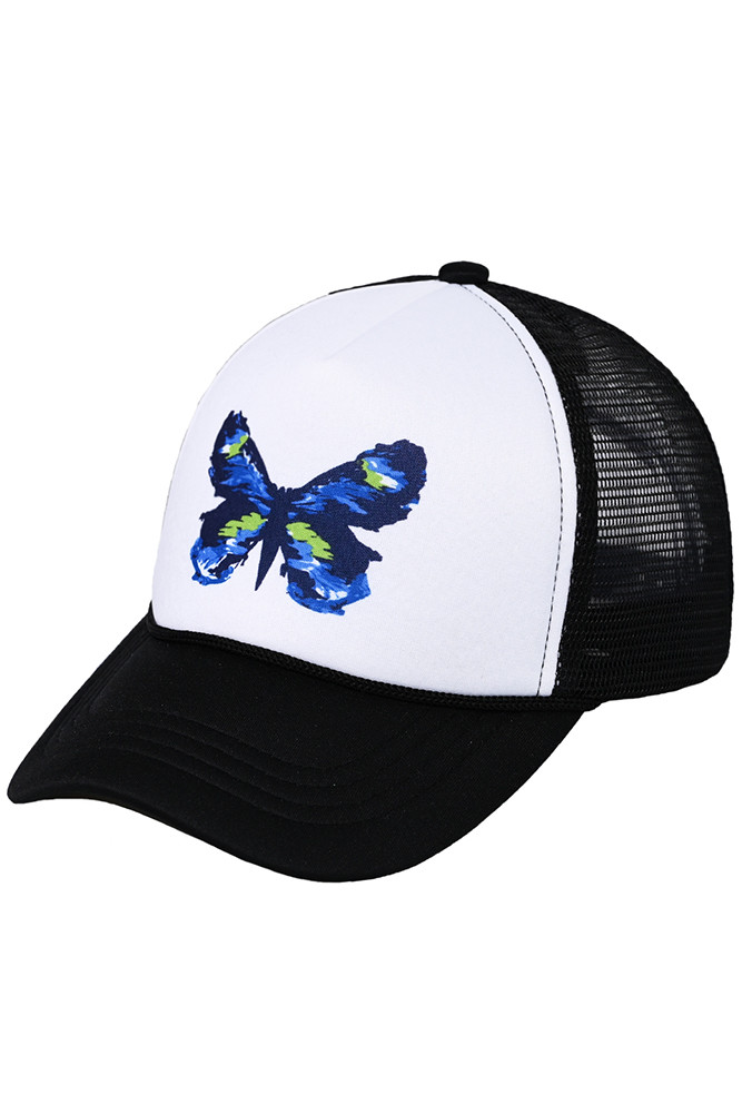 Women's Hand Painted Abstract Butterfly Trucker Cap in Black