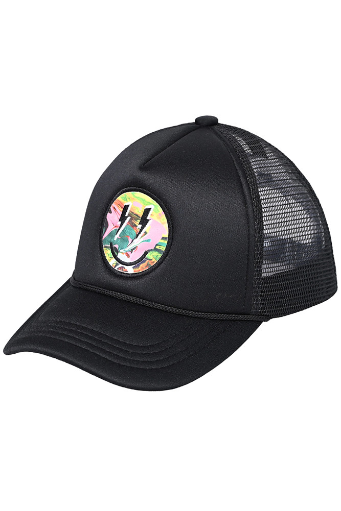 Women's Lightning Bolt Eyes Smiley Face Trucker Cap in Full Black