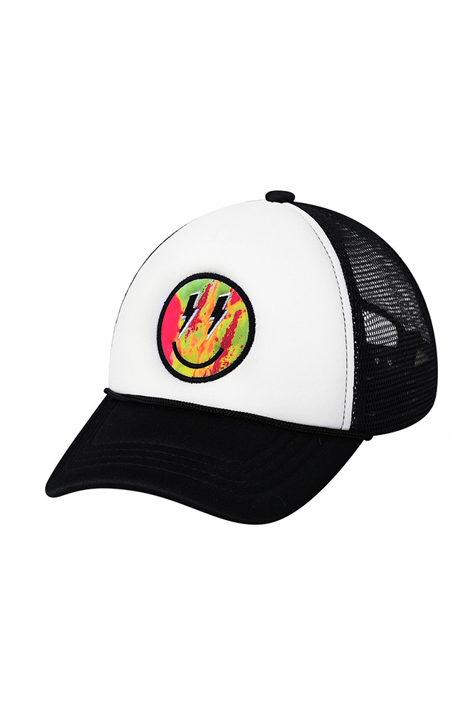 Kids Lightning Bold Eyes Smiley Face Trucker Cap in Black