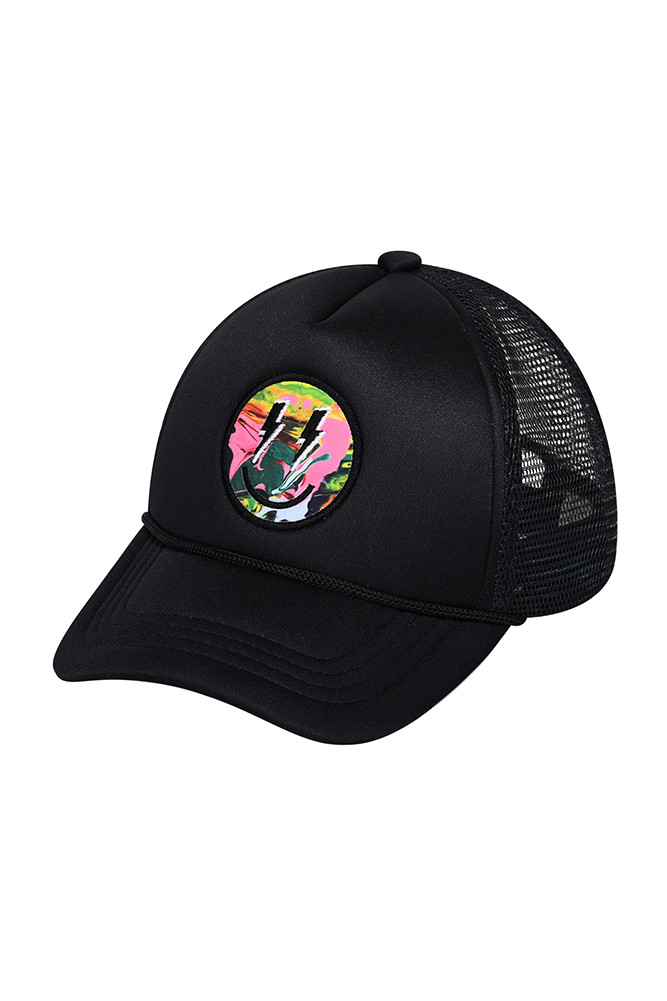 Kids Lightning Bold Eyes Smiley Face Trucker Cap in Full Black