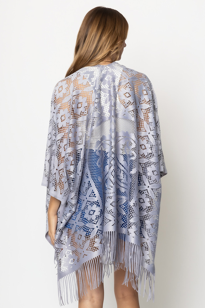 Women's Floral Lace Fringe Kimono in Silver