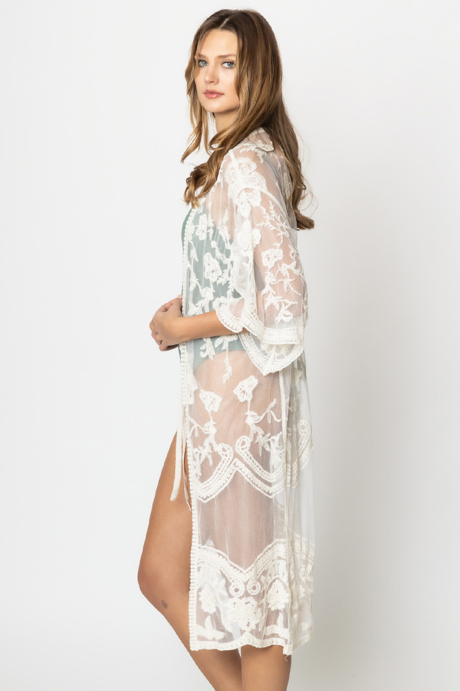 Women's Floral Lace Kimono in Ivory