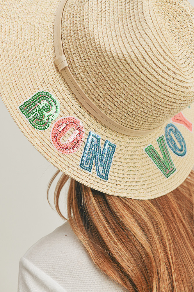Women's Bon Voyage Sequin Letter Panama Hat in Beige