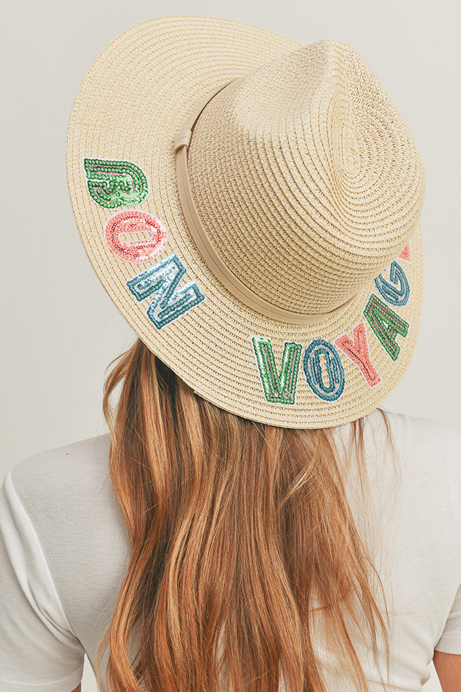 Women's Bon Voyage Sequin Letter Panama Hat in Beige