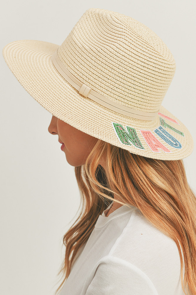 Women's Nauti Sequin Letter Panama Hat in Beige