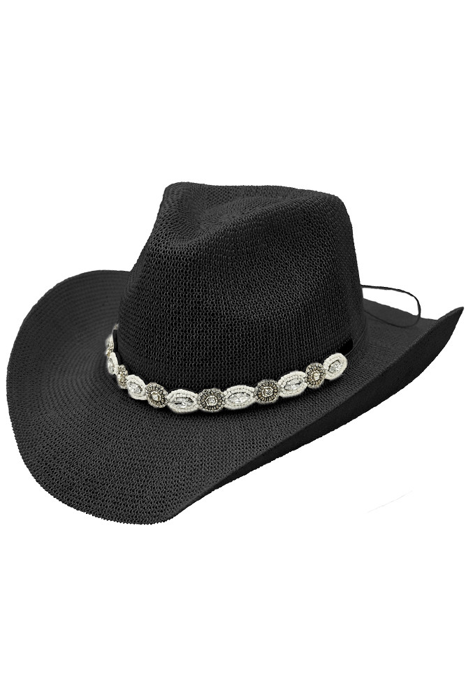 Women's Rhinestone Jewel Charm Trim Cowboy Hat in Black