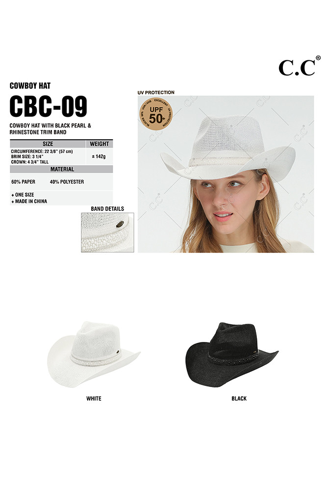 Women's Black Pearl Rhinestone Trim Cowboy Hat — cowboy hat photo 2