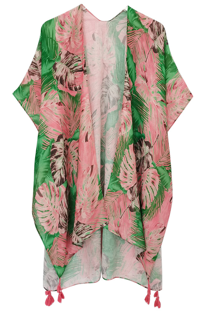 Women's Leaf Print Tassel Kimono in Coral