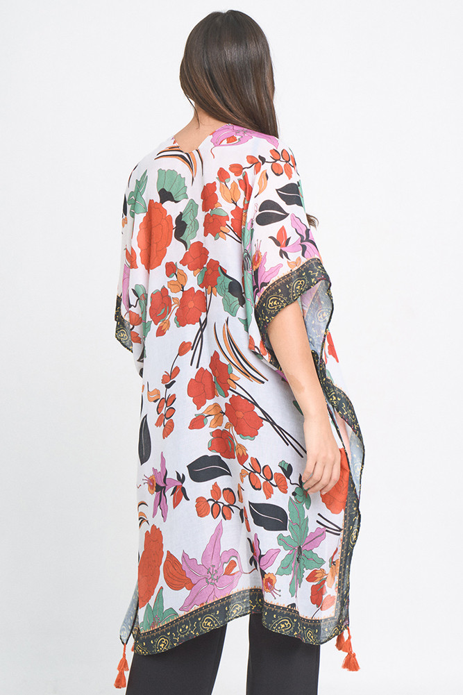 Women's Floral Print Tassel Kimono in Black
