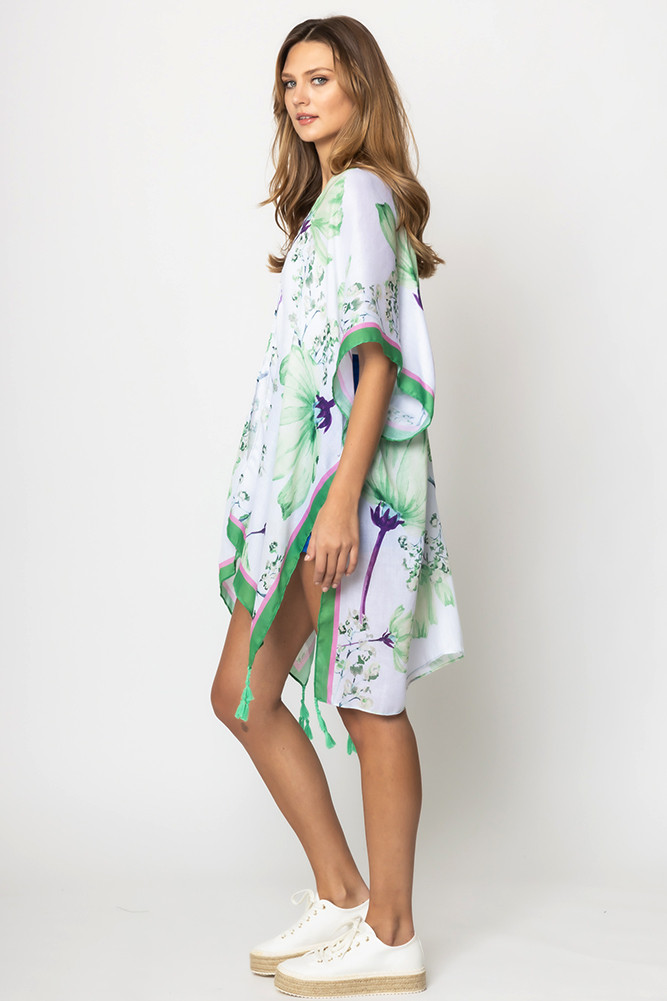 Women's Floral Print Tassel Kimono in Green