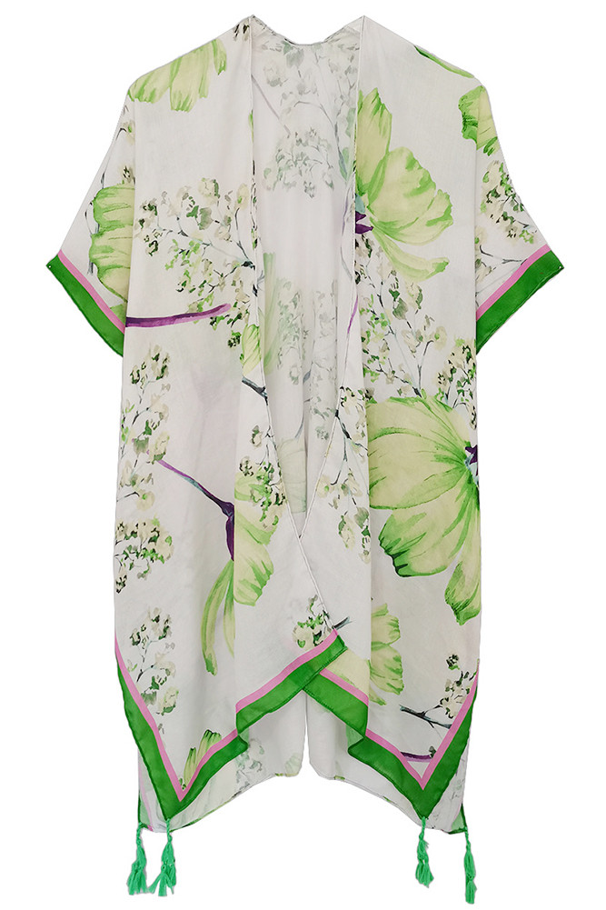 Women's Floral Print Tassel Kimono in Green