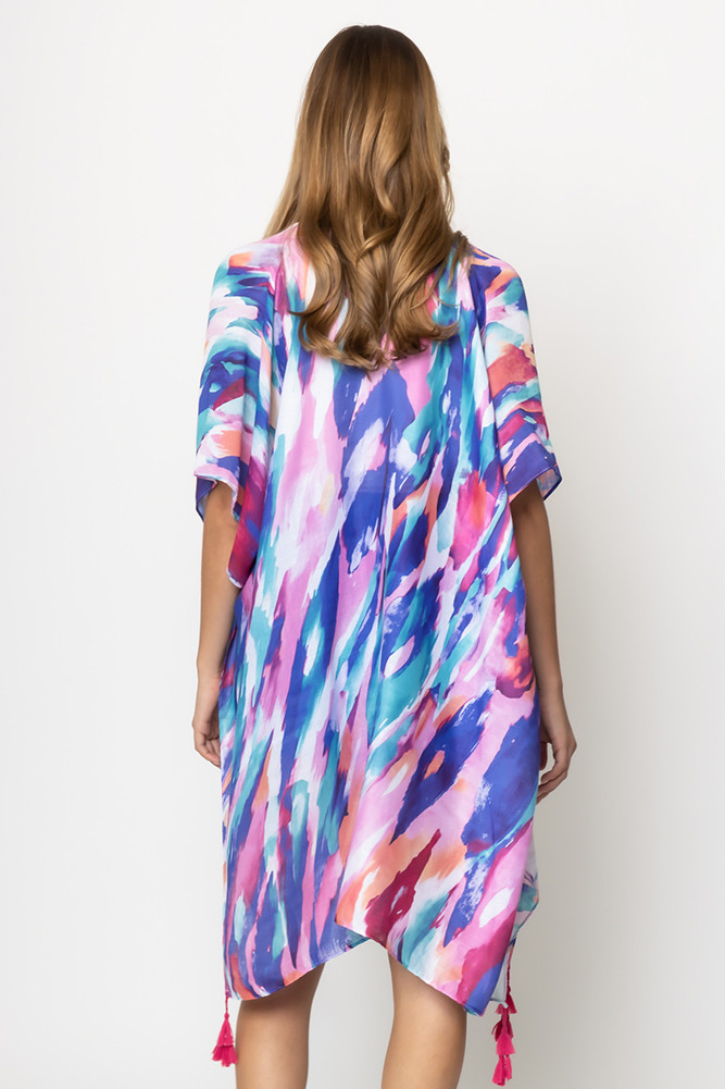 Women's Sunrise Print Tassel Kimono in Blue