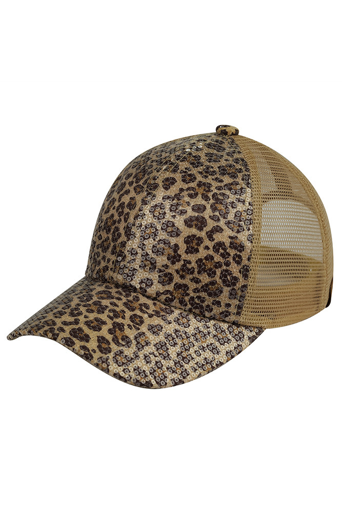 Women's Clear Sequin Leopard Baseball Cap in Beige