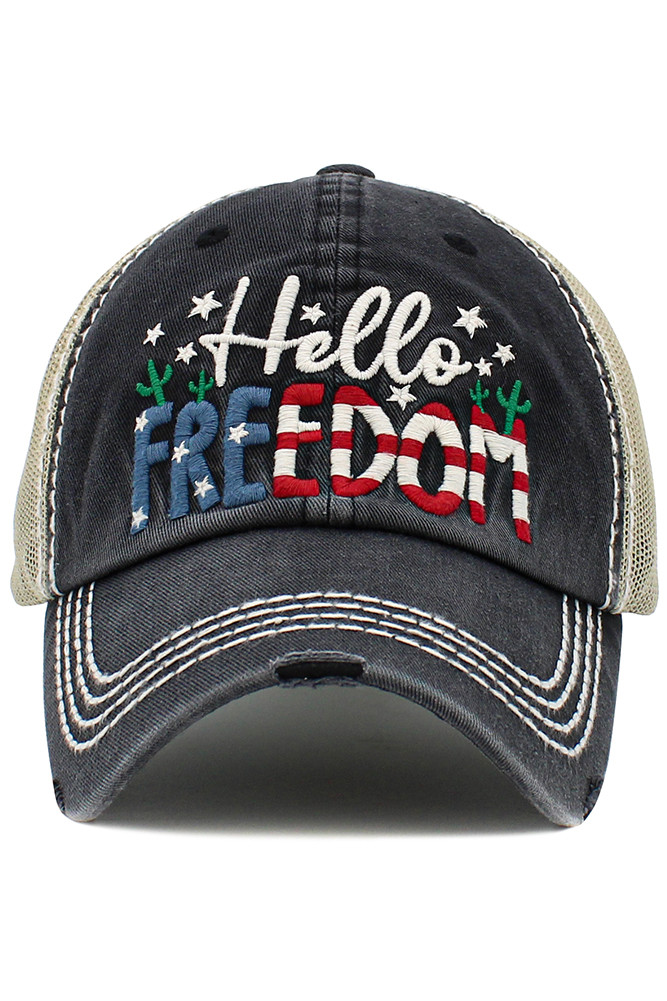 Hello Freedom Vintage American Flag Theme Ballcap — hat photo 5