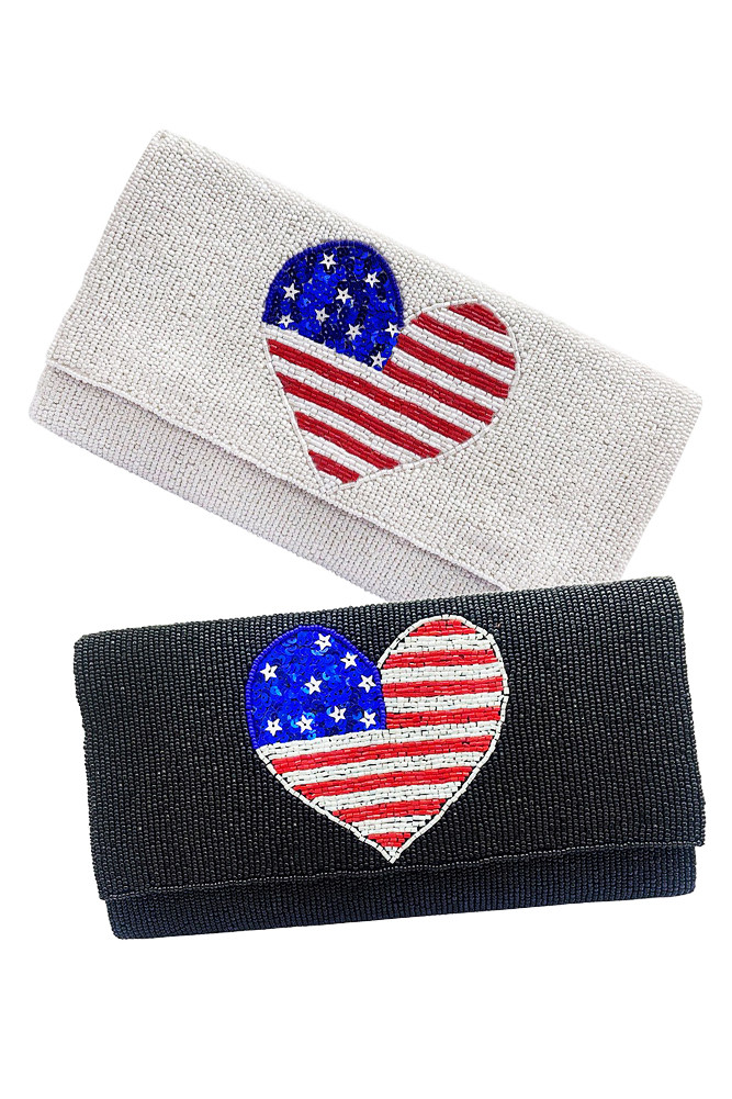 Women's American Flag Heart Glass Beads Clutch by BURACQ
