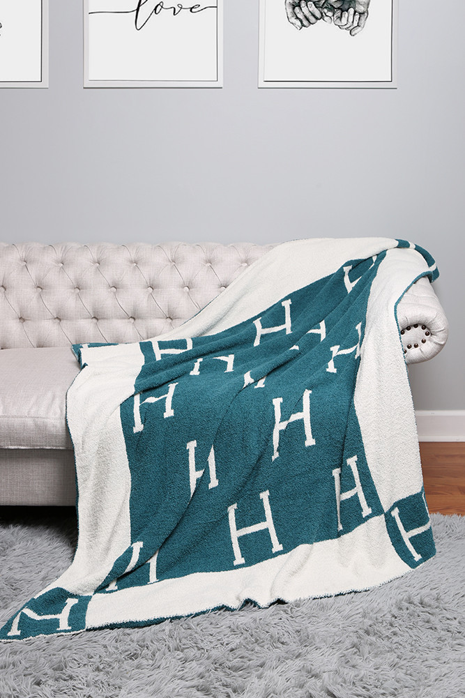 Luxury Soft H Print Throw Blanket for Couch and Bed in Teal