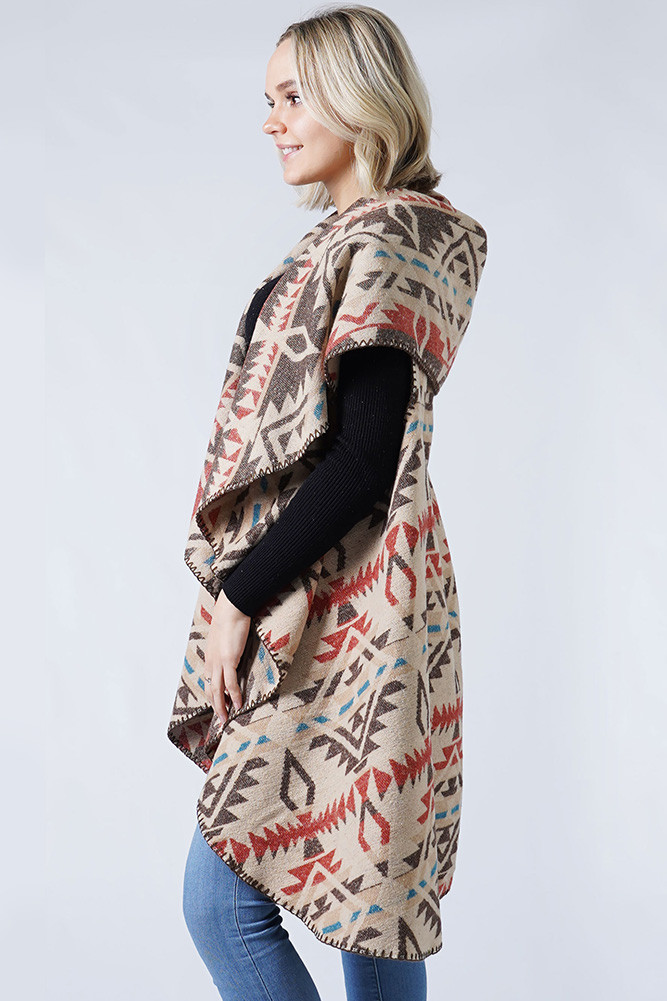 Women's Western Reversible Round Shawl Vest in Beige
