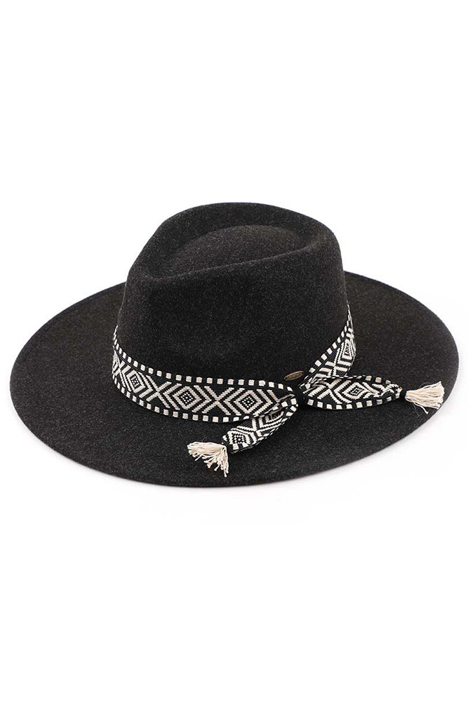 Women's Aztec Trim Vegan Felt Panama Hat in Black