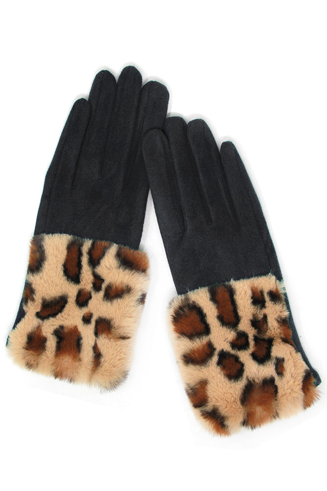 Women's Suede with Faux Fur Cuff Smart Gloves in Black