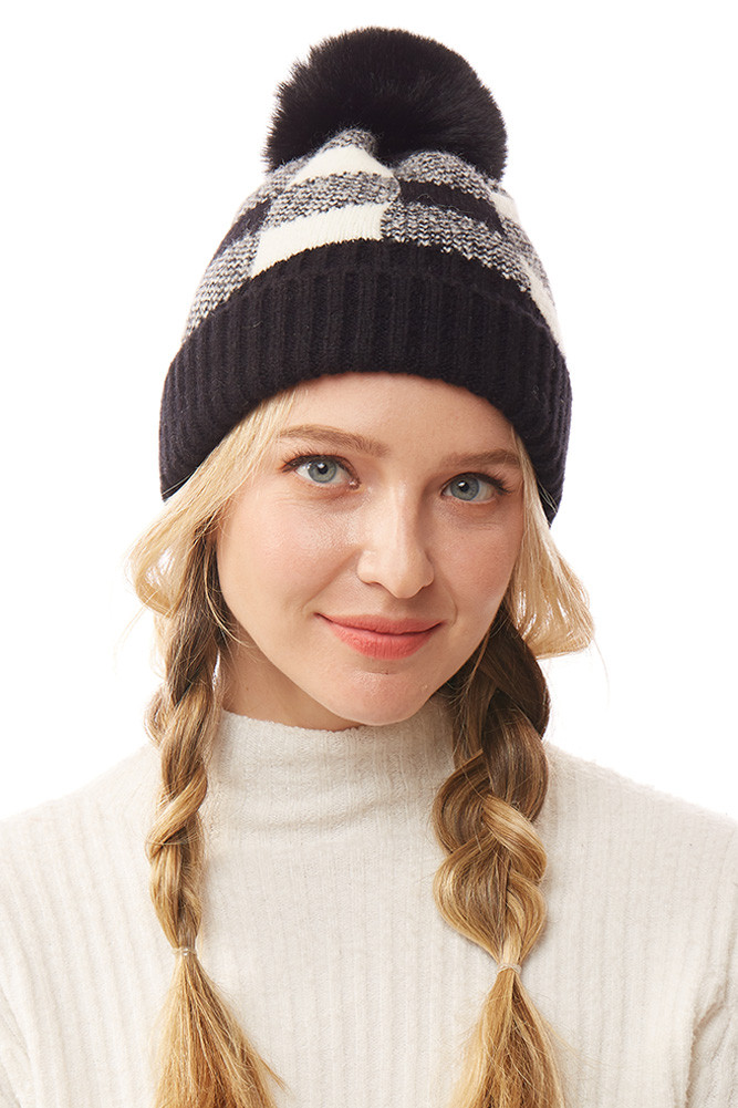 Women's Buffalo Check Beanie with Pom Pom in Black