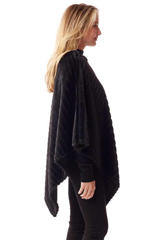 Women's Vertical Faux Fur Poncho in Black