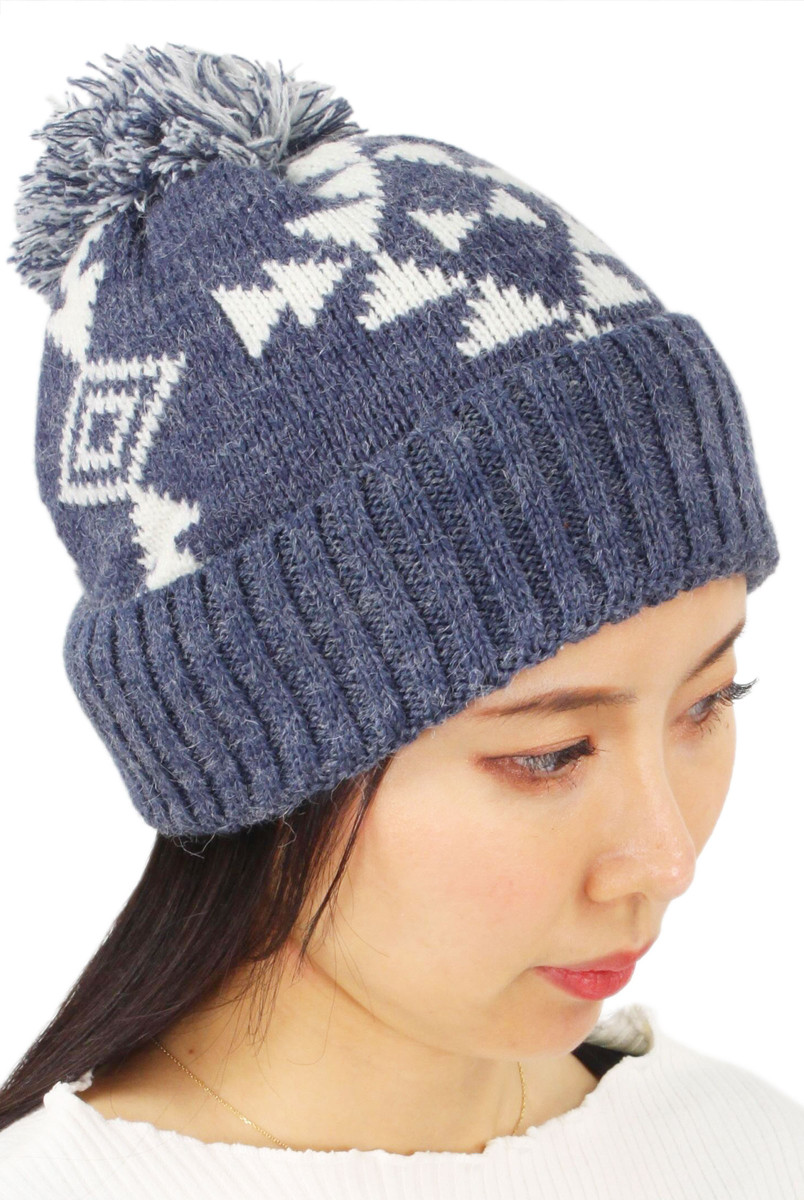Women's Aztec Pattern Knit Beanie with Pom Pom — beanie photo 3