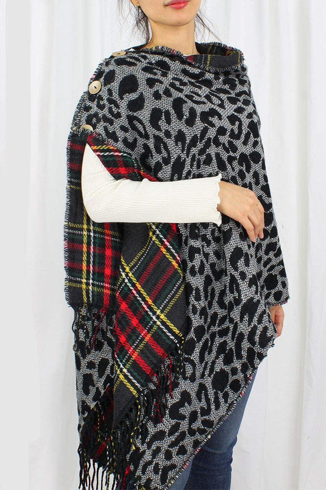 Women's Plaid and Leopard Reversible Poncho by BURACQ