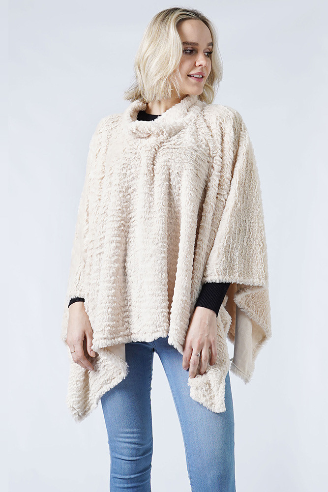 Women's Stripe Pattern Faux Fur Poncho by BURACQ