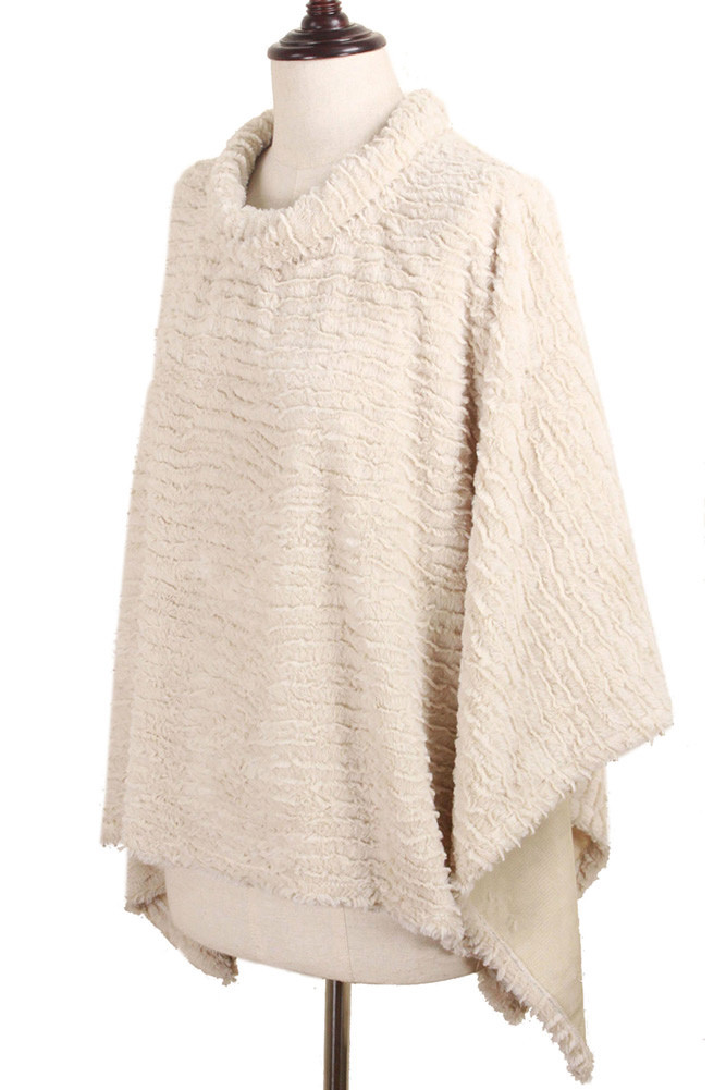 Women's Stripe Pattern Faux Fur Poncho in Beige