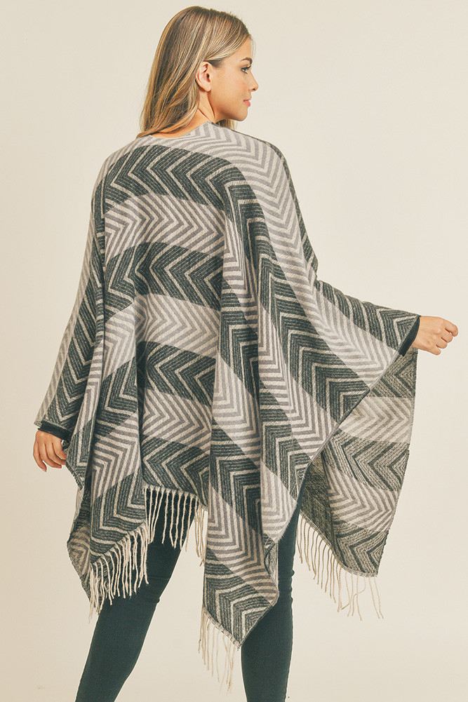 Women's Stripe Chevron Tassel Ruana in Black