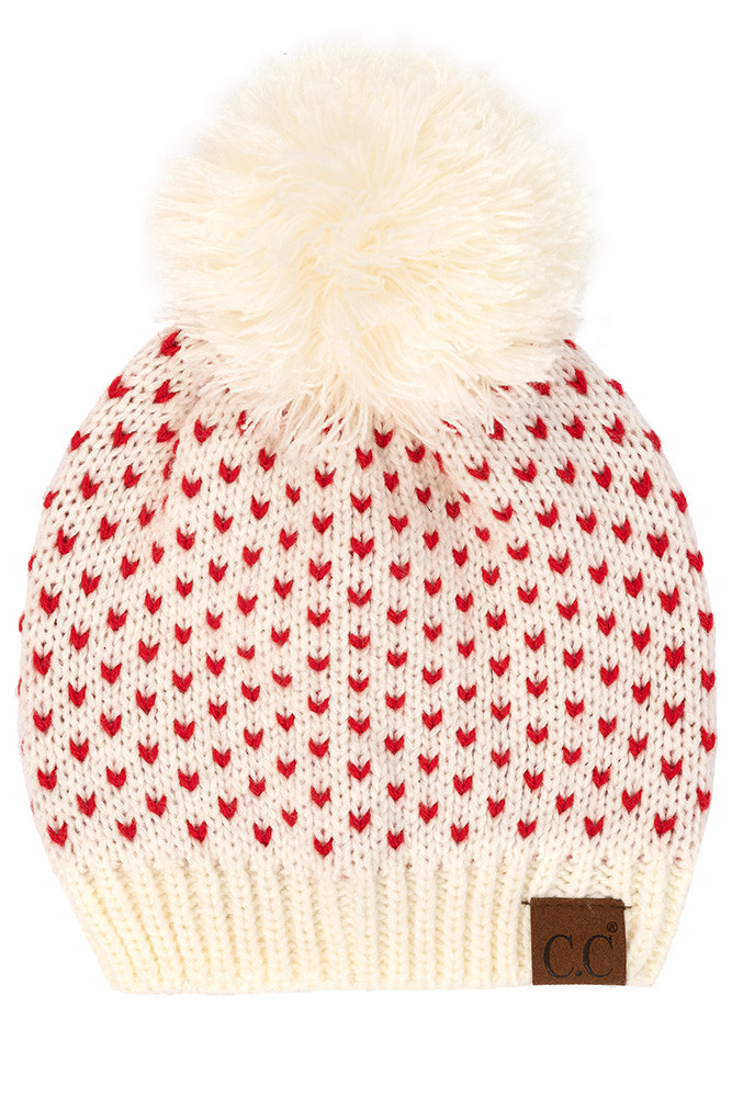 Women's Heart Pattern Knit Pom Beanie — beanie photo 5