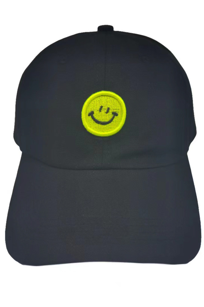 Women's Happy Face Patch Pastel Tone Baseball Cap in Black