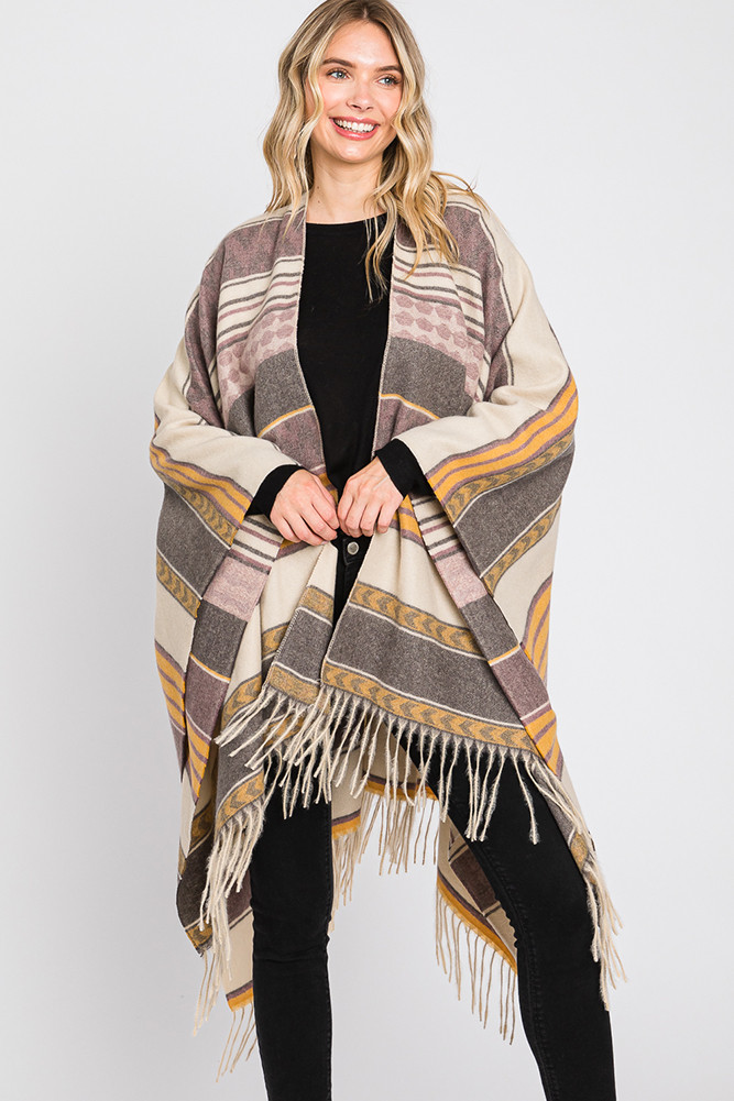 Women's Aztec Pattern Fringe Ruana in Purple